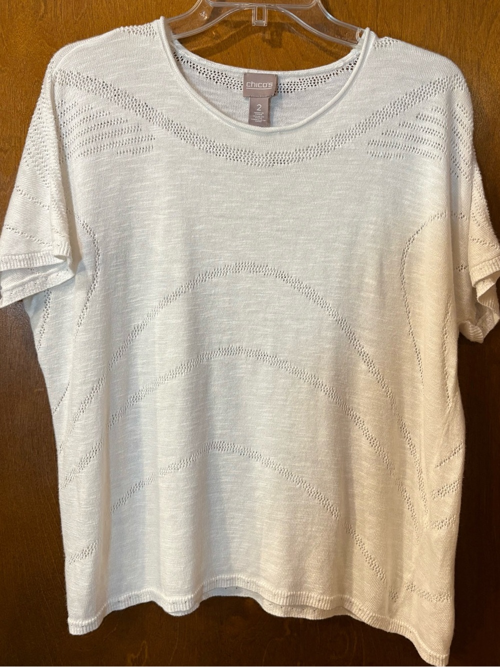 Chico's Cream Short-Sleeve Knit Top with Subtle Openwork